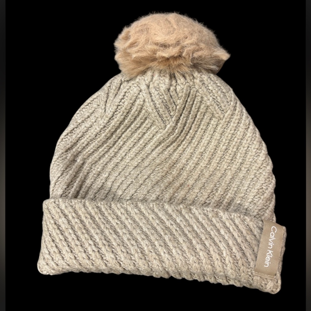 Calvin Klein‎ Taupe Knit Hat with Pom